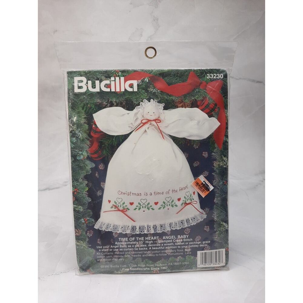 Vintage Bucilla Stamped Cross Stitch Time Of The Heart Angel Baby Kit 33230 15"